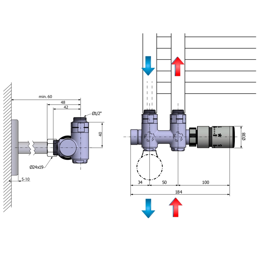 Sapho - Thermostatic connection set for central connection TWIN COMBI, right-hand / matte stainless steel