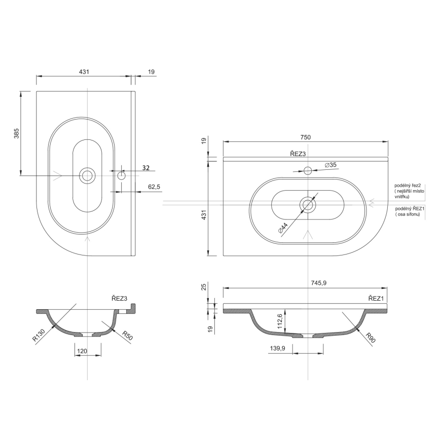 Sapho - Corner inset washbasin PULSE 75x43 cm marble/white