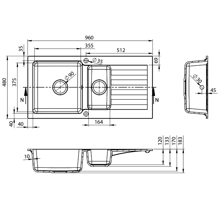 Sapho - Kitchen sink 48x96 cm granite/white