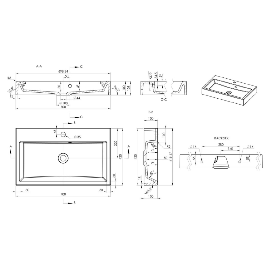 Sapho - ORINOKO Countertop Basin 70x42 cm Marble/White