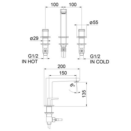 Sapho - TURSI 3-hole basin mixer, polished chrome