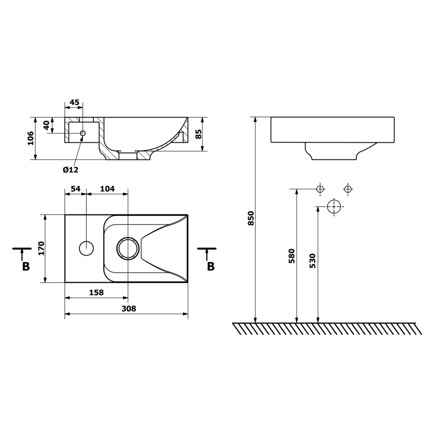 Sapho - Wall-hung basin PICCOLINO 31x17 cm left-hand/cast marble/white