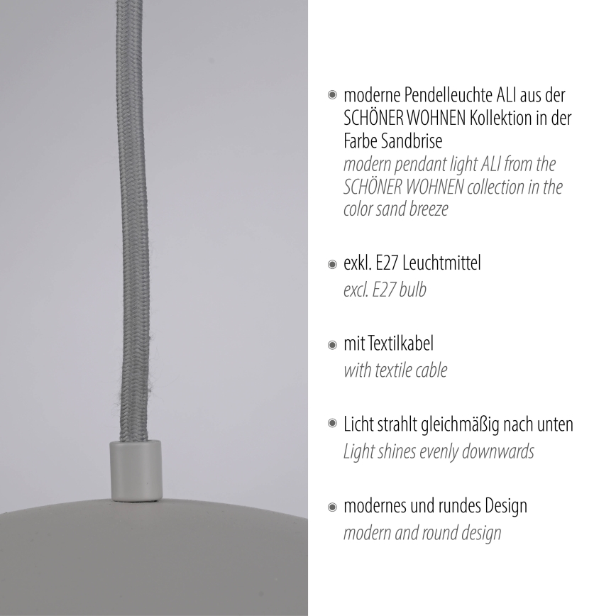 Schöner Wohnen 11728-39 - ALI cable-hung pendant light, 1×E27 (max. 25W), 230V, Ø 38 cm, grey