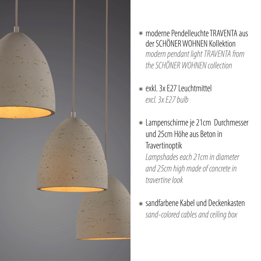 Schöner Wohnen 12541-42 - TRAVENTA cable-suspended pendant 3xE27/40W/230V concrete