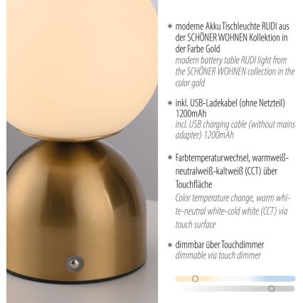 Schöner Wohnen 19218-12 - RUDI LED Dimmable Touch Rechargeable Table Lamp LED/1.2W/5V 3000–6000K 1200 mAh Gold