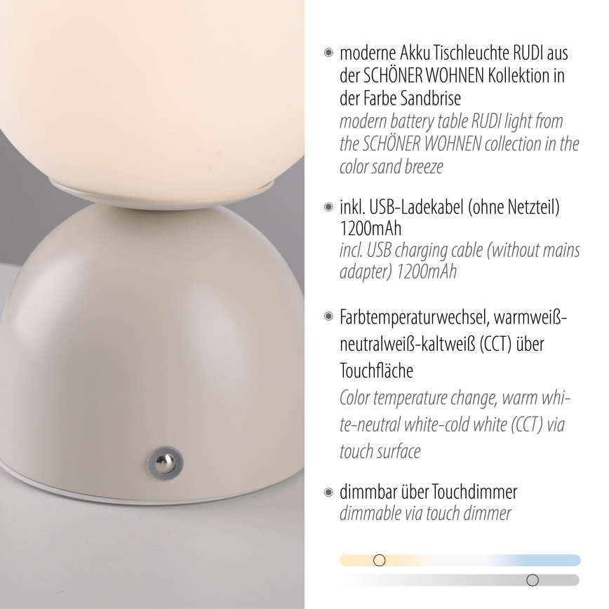 Schöner Wohnen 19218-39 - LED dimmable touch rechargeable table lamp RUDI LED/1.2W/5V 3000-6000K 1200 mAh grey