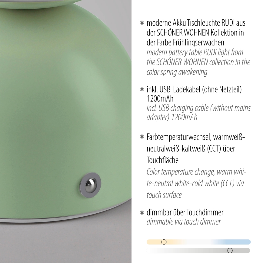 Schöner Wohnen 19218-43 - RUDI LED Touch-dimmable Rechargeable Table Lamp LED/1.2W/5V 3000-6000K 1200 mAh Green