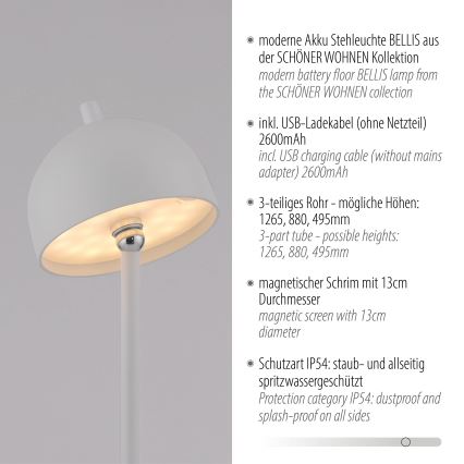 Schöner Wohnen 19245-16 - LED Dimmable Touch Rechargeable Outdoor Floor Lamp BELLIS LED/2.5W/5V 2600 mAh IP54 White