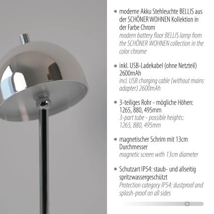 Schöner Wohnen 19245-17 - BELLIS LED Dimmable Touch Rechargeable Outdoor Floor Lamp, 2.5 W / 5 V, 2600 mAh, IP54, Polished Chrome