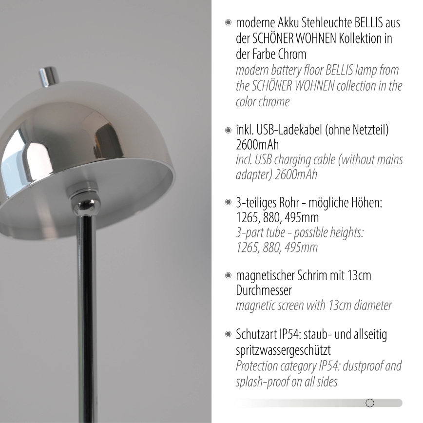 Schöner Wohnen 19245-17 - BELLIS LED Dimmable Touch Rechargeable Outdoor Floor Lamp, 2.5 W / 5 V, 2600 mAh, IP54, Polished Chrome