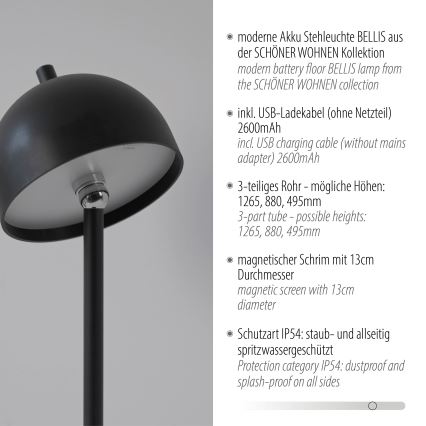 Schöner Wohnen 19245-18 - BELLIS LED Touch-Dimmable Rechargeable Outdoor Floor Lamp, 2.5 W / 5 V, 2600 mAh, IP54, Black