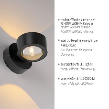 Schöner Wohnen 19331-18 - CHIA LED Wall Light, 2x LED 2W (230V), Black