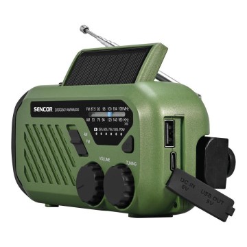 Sencor - Camping Radio with Hand Crank, Solar Panel and LED Flashlight, 5V/2000 mAh, IPX4, Green