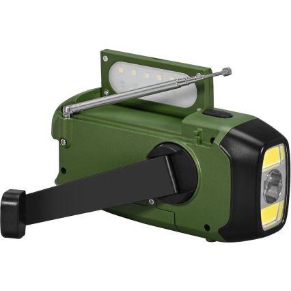 Sencor - Camping Radio with Hand Crank, Solar Panel and LED Flashlight, 5V/2000 mAh, IPX4, Green