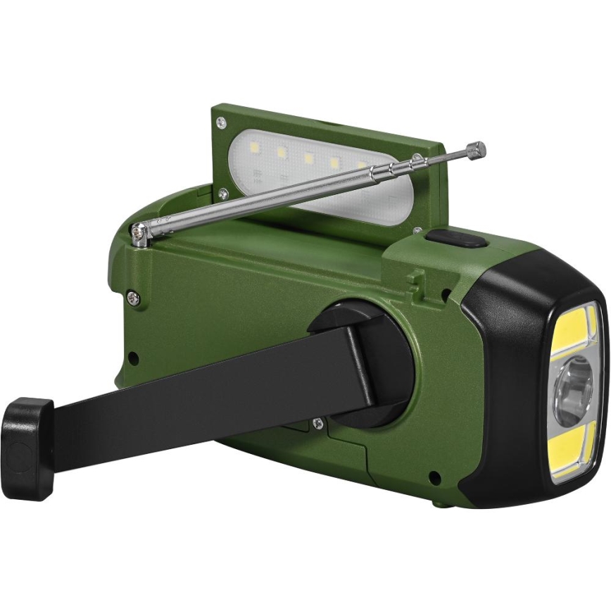 Sencor - Camping Radio with Hand Crank, Solar Panel and LED Flashlight, 5V/2000 mAh, IPX4, Green