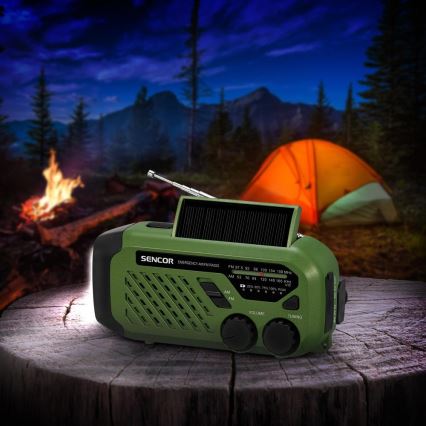 Sencor - Camping Radio with Hand Crank, Solar Panel and LED Flashlight, 5V/2000 mAh, IPX4, Green