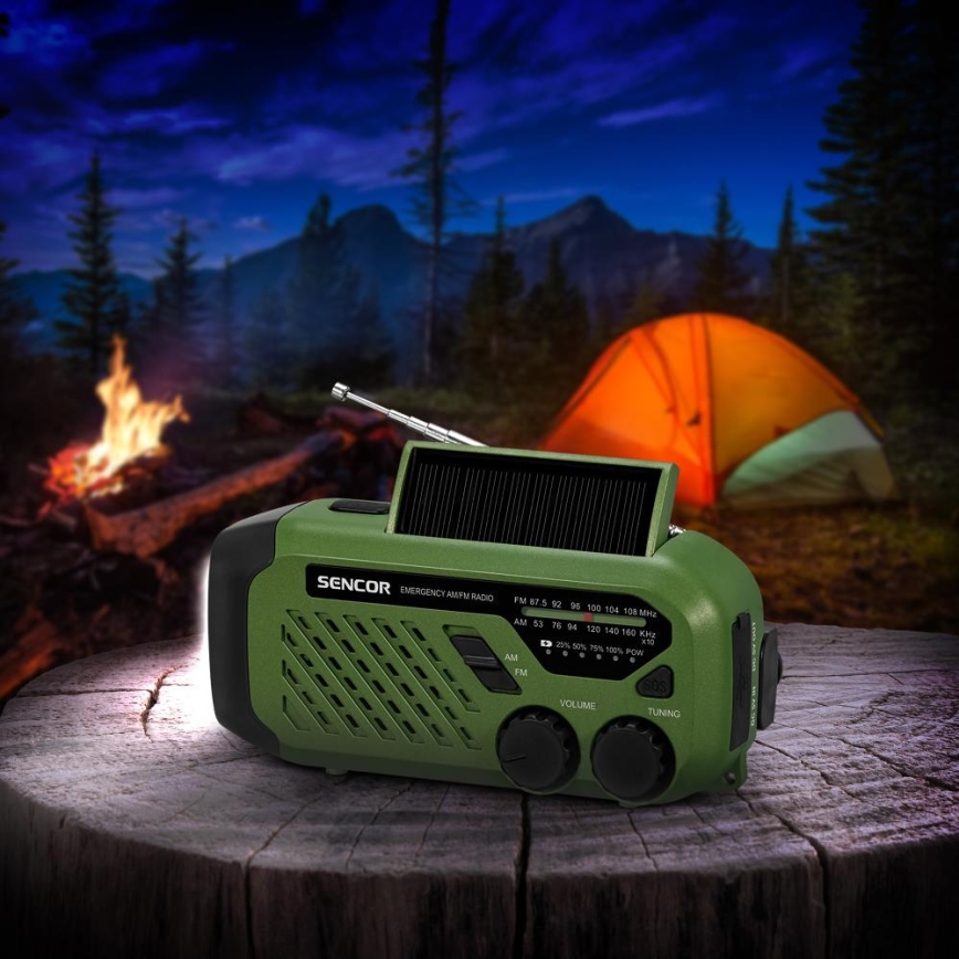 Sencor - Camping Radio with Hand Crank, Solar Panel and LED Flashlight, 5V/2000 mAh, IPX4, Green