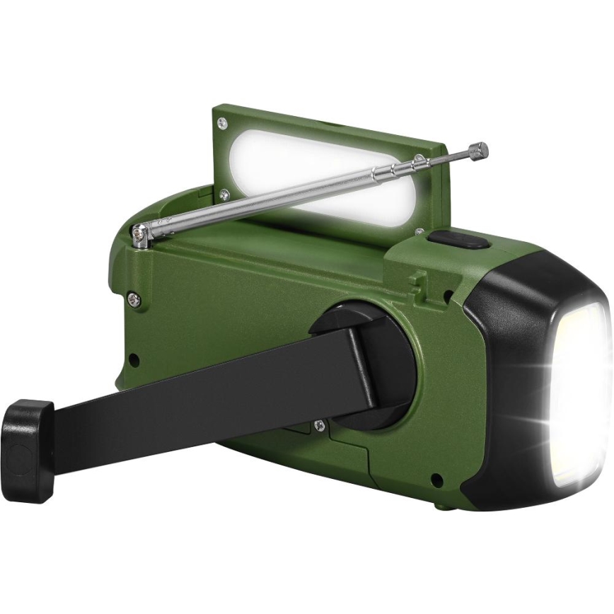 Sencor - Camping Radio with Hand Crank, Solar Panel and LED Flashlight, 5V/2000 mAh, IPX4, Green