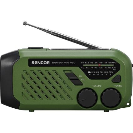 Sencor - Camping Radio with Hand Crank, Solar Panel and LED Flashlight, 5V/2000 mAh, IPX4, Green