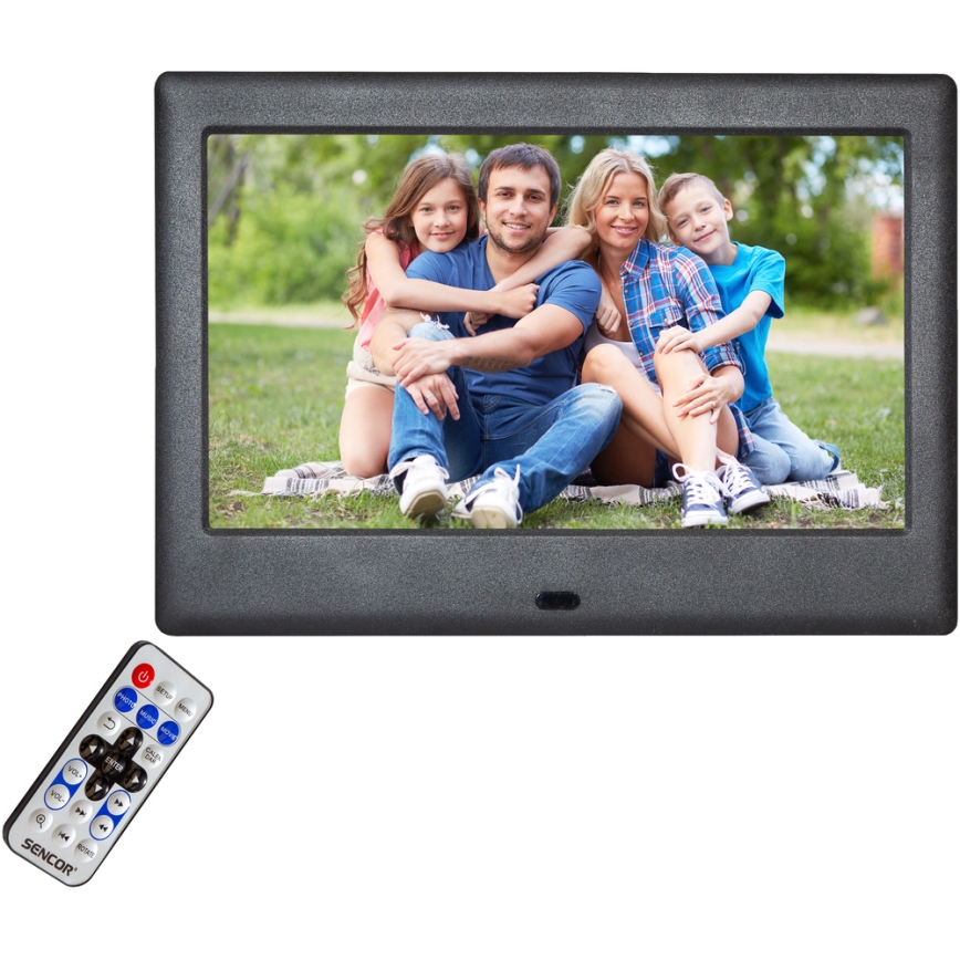 Sencor - Digital photo frame with a speaker 230V black + remote control