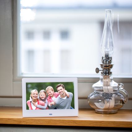 Sencor - Digital photo frame with a speaker 230V white + remote control