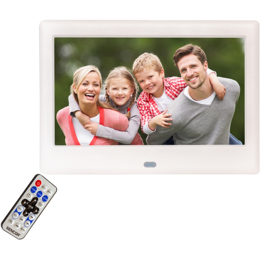 Sencor - Digital photo frame with a speaker 230V white + remote control