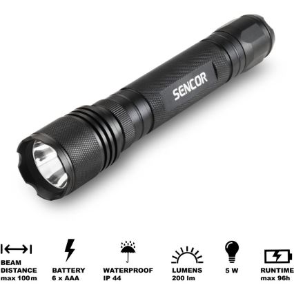 Sencor - LED Aluminum flashlight LED/5W/6xAAA IP44 black