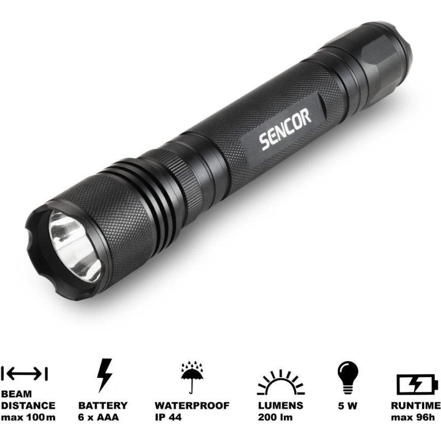 Sencor - LED Aluminum flashlight LED/5W/6xAAA IP44 black