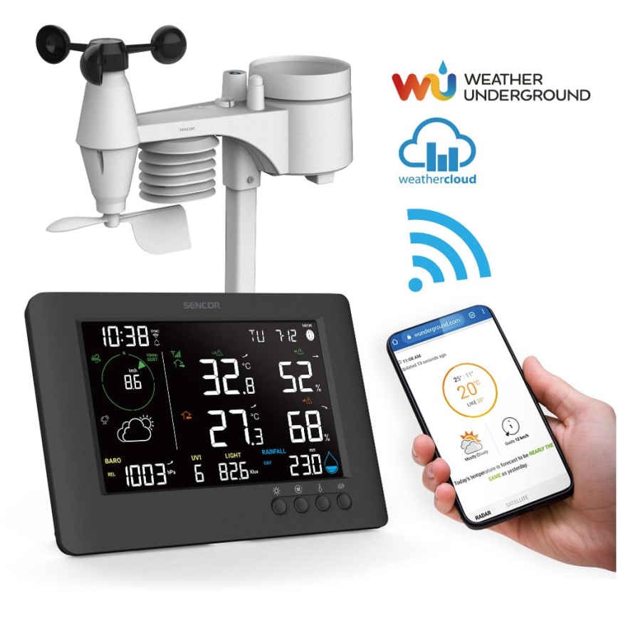 Sencor - Professional weather station with color LCD display and alarm clock 5V/1xCR2032 + 3xAA Wi-Fi