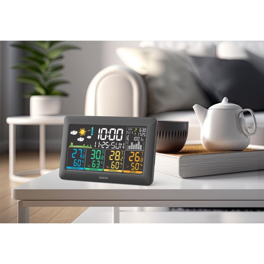 Sencor - Weather station with color LCD display + 3 sensors 3xAA + 6xAA black