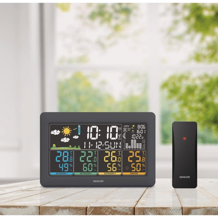 Sencor - Weather station with color LCD display + 3 sensors 3xAA + 6xAA black
