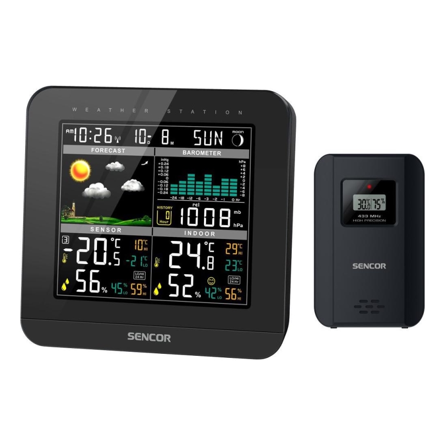 Sencor - Weather station with color LCD display and alarm clock 3xAAA + 2x AA black