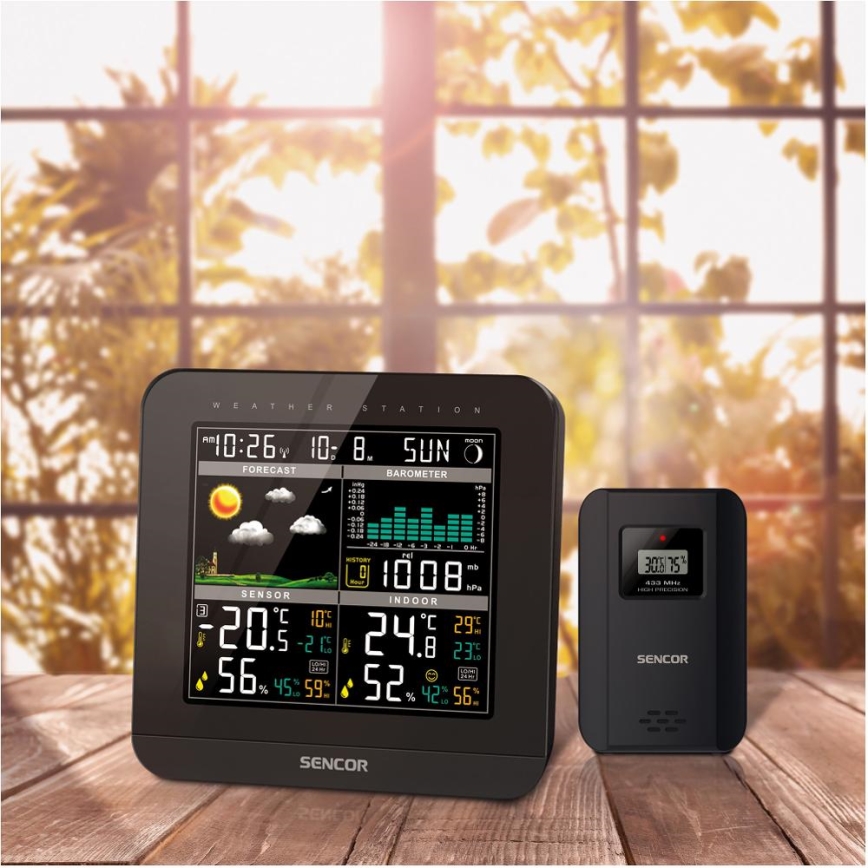 Sencor - Weather station with color LCD display and alarm clock 3xAAA + 2x AA black