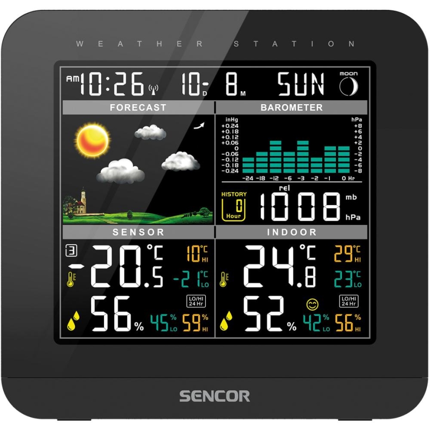Sencor - Weather station with color LCD display and alarm clock 3xAAA + 2x AA black
