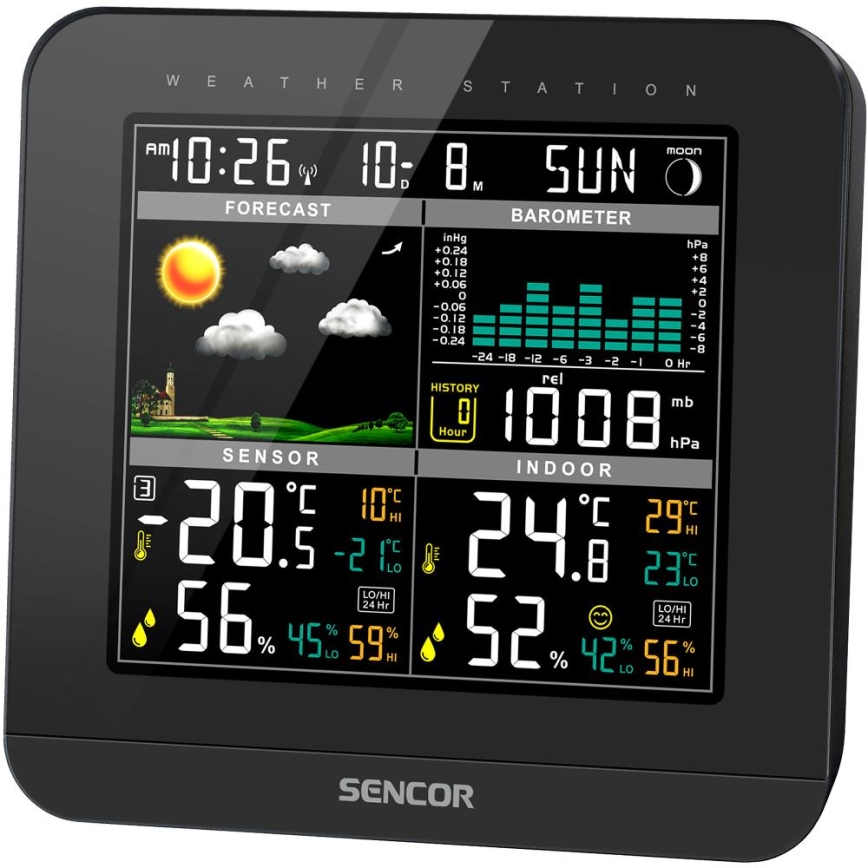 Sencor - Weather station with color LCD display and alarm clock 3xAAA + 2x AA black