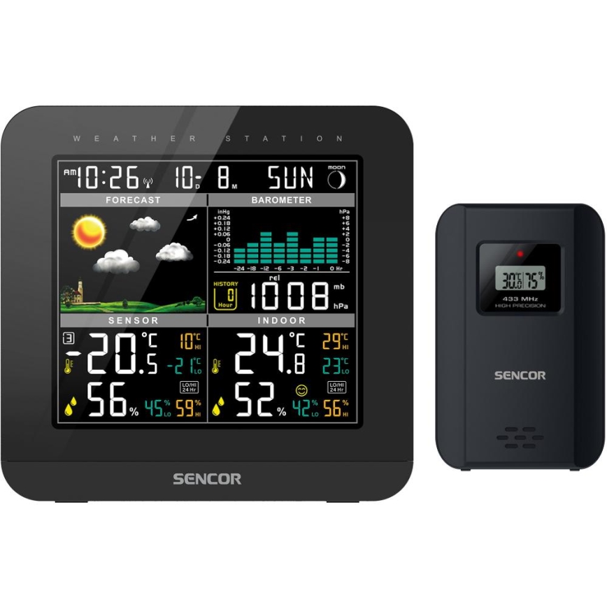 Sencor - Weather station with color LCD display and alarm clock 3xAAA + 2x AA black