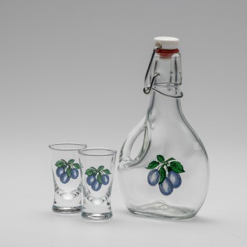 Set 1x big bottle + 2x glass for shots clear with a plum motif