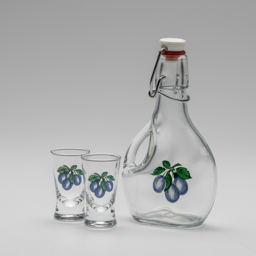 Set 1x big bottle + 2x glass for shots clear with a plum motif