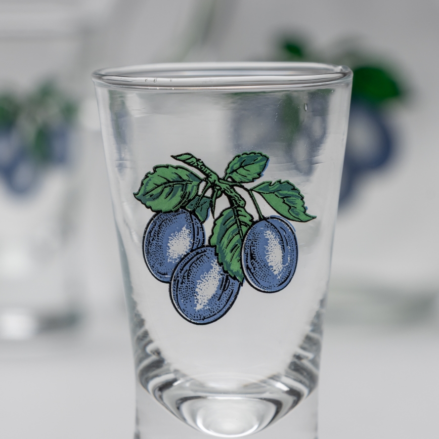 Set 1x big bottle + 2x glass for shots clear with a plum motif