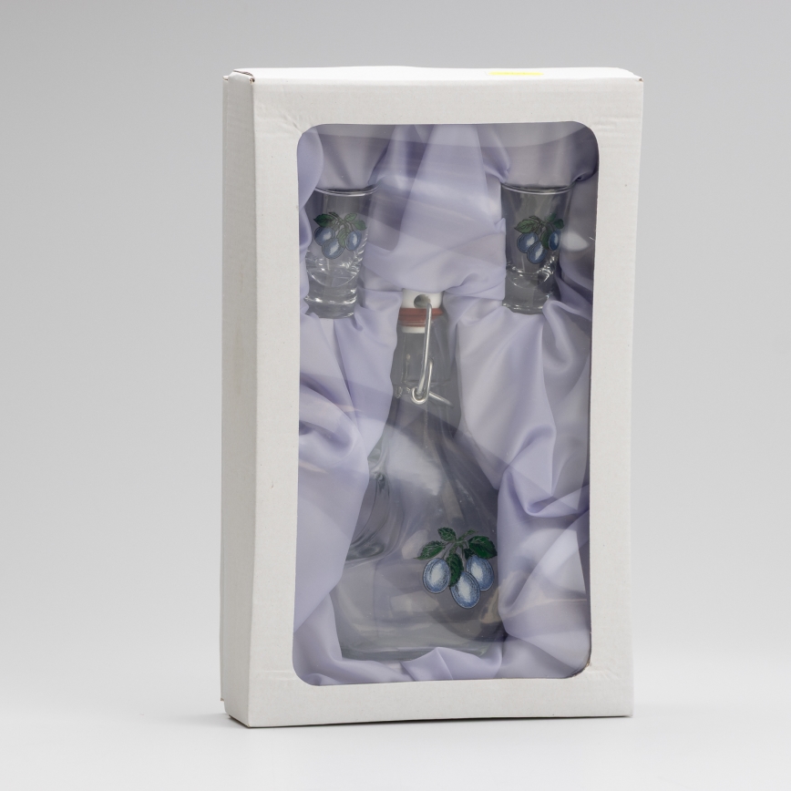 Set 1x big bottle + 2x glass for shots clear with a plum motif