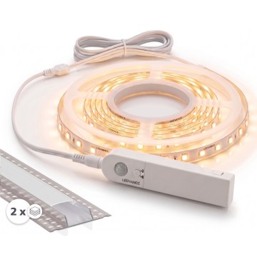 SET 1x FLEX LED strip with motion sensor, 3.6 W / 4x AA, 2 m + 2x 1 m recessed profiles, silver/white