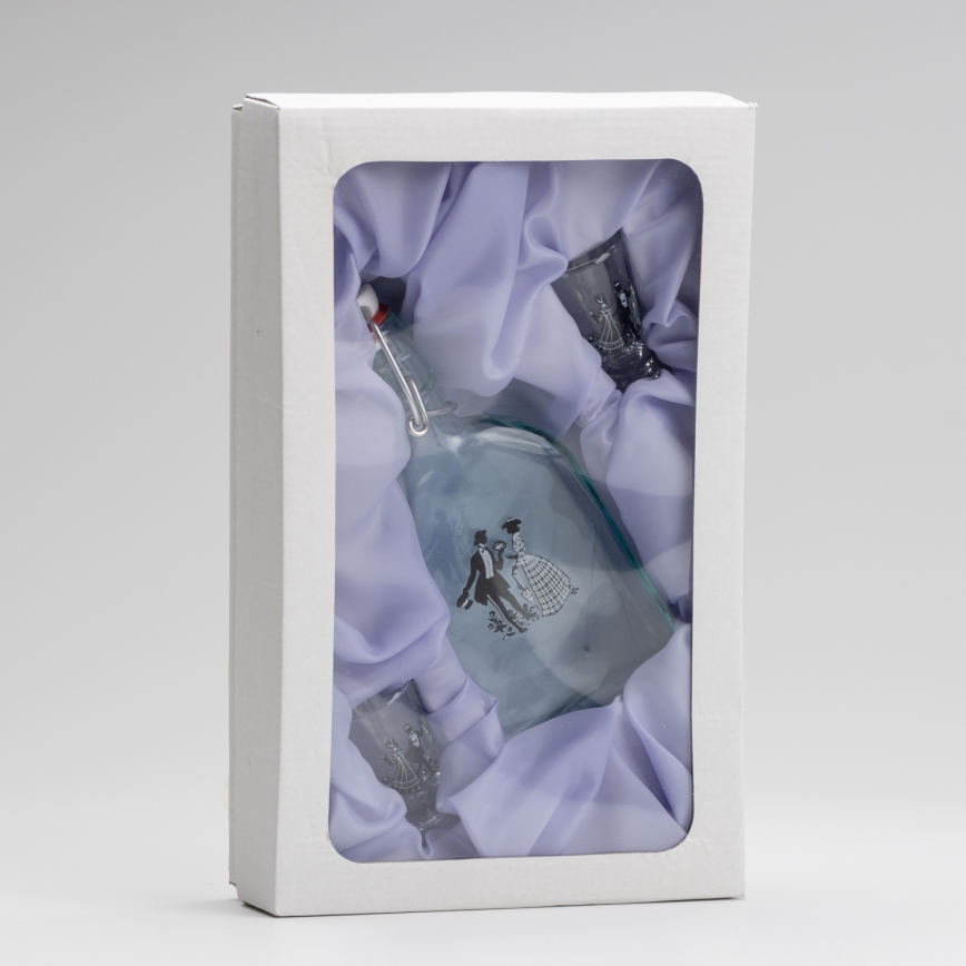 Set 1x glass bottle and 2x glass for shots clear with a dance motif