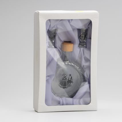 Set 1x glass bottle and 2x glass for shots clear with a dance motif