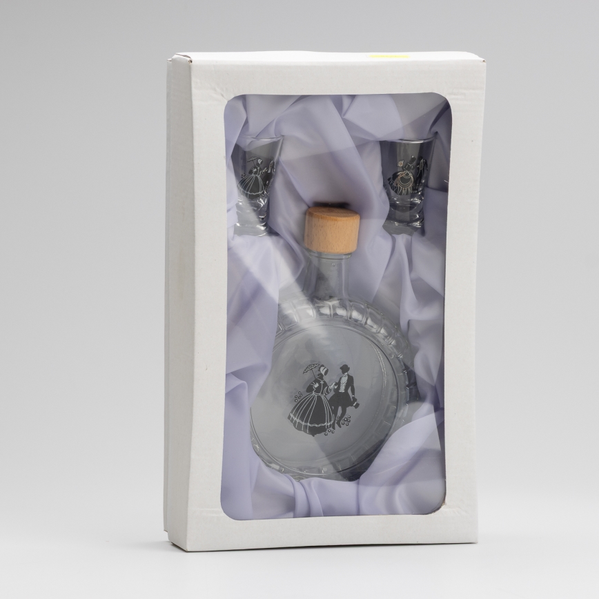 Set 1x glass bottle and 2x glass for shots clear with a dance motif