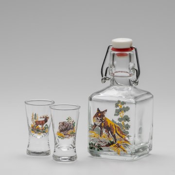 Set 1x glass bottle and 2x glass for shots clear with a fox motif