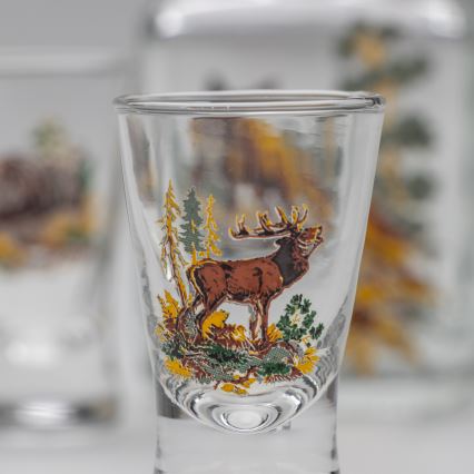Set 1x glass bottle and 2x glass for shots clear with a fox motif