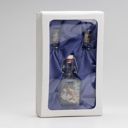 Set 1x glass bottle and 2x glass for shots clear with a fox motif