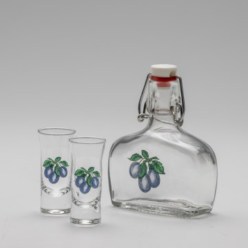 Set 1x glass bottle and 2x glass for shots clear with a plum motif