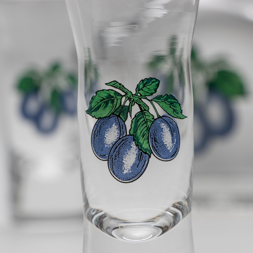 Set 1x glass bottle and 2x glass for shots clear with a plum motif