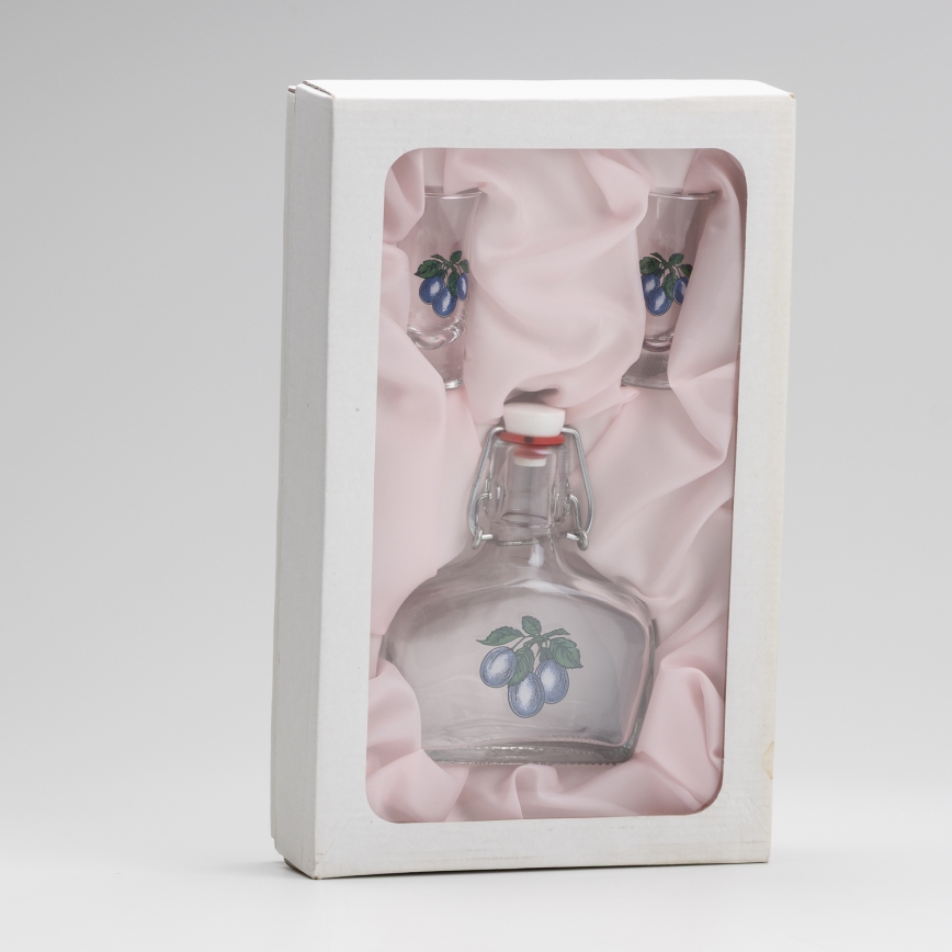 Set 1x glass bottle and 2x glass for shots clear with a plum motif